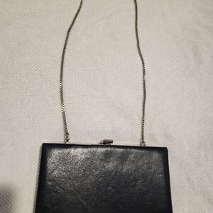 Vintage Mardane USA Black Leather Clutch with Gold Chain